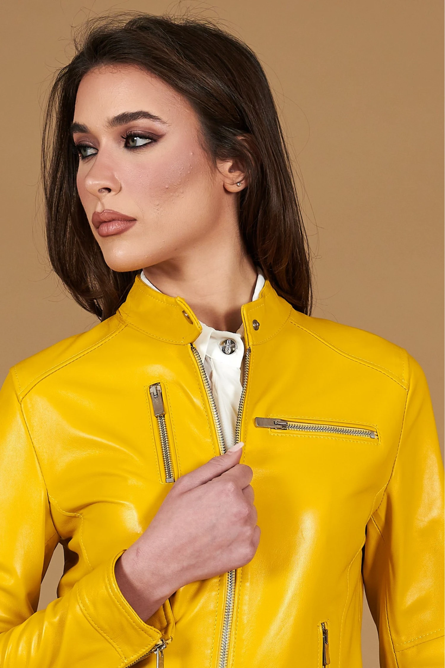 Gelbe Bikerlederjacke Naturleder Glatte-effekt 3 Gelbe Bikerlederjacke Naturleder Glatte-effekt – Bild 3