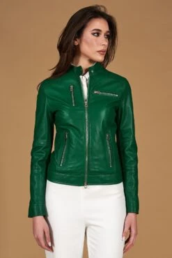 Grüne Bikerlederjacke Naturleder Glatte-effekt
