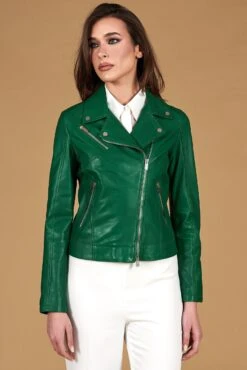 Grüne Bikerjacke Aus Naturleder Kreuzreißverschluss