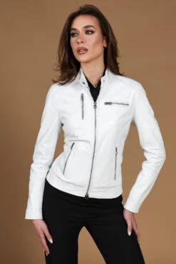 Weiße Lederjacke Bikerjacke Nappaleder Glatte-effekt