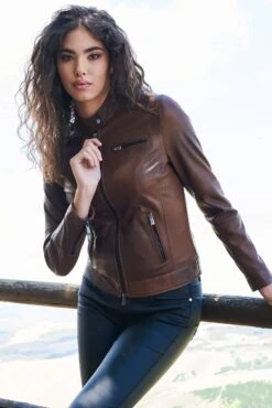 Braune Lederjacke Bikerjacke Naturleder Glatte-effekt -D’ARIENZO Verkäufe lederjacke fur frauen bikerjacke echtes leder braune Giulia 3