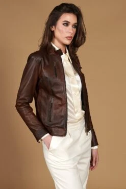 Braune Lederjacke Bikerjacke Naturleder Glatte-effekt -D’ARIENZO Verkäufe lederjacke fur frauen bikerjacke echtes leder braune Giulia 4