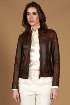 Braune Lederjacke Bikerjacke Naturleder Glatte-effekt -D’ARIENZO Verkäufe lederjacke fur frauen bikerjacke echtes leder braune Giulia 5