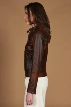 Braune Lederjacke Bikerjacke Naturleder Glatte-effekt -D’ARIENZO Verkäufe lederjacke fur frauen bikerjacke echtes leder braune Giulia 6