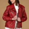Rote Lammleder Bikerjacke Glatte-effekt Komfort Fit