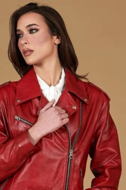 Rote Lammleder Bikerjacke Glatte-effekt Komfort Fit -D’ARIENZO Verkäufe lederjacke fur frauen bikerjacke echtes leder rote Camy 2