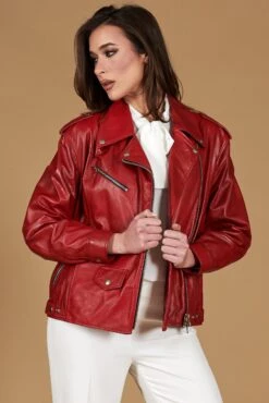 Rote Lammleder Bikerjacke Glatte-effekt Komfort Fit