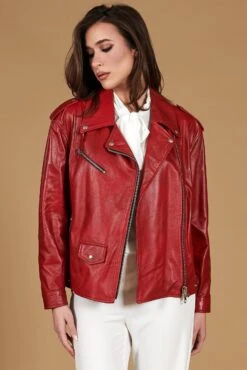 Rote Lammleder Bikerjacke Glatte-effekt Komfort Fit -D’ARIENZO Verkäufe lederjacke fur frauen bikerjacke echtes leder rote Camy 5