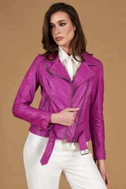 Chiodo Lila Bikerjacke Aus Naturleder Mit Gürtel