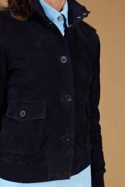 Blaue Wildlederjacke Bomberjacke Mit Knöpfen -D’ARIENZO Verkäufe lederjacke fur frauen bomberjacke echtes leder blaue Faty 12