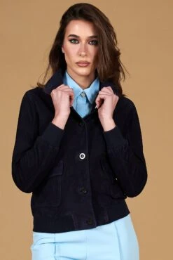 Blaue Wildlederjacke Bomberjacke Mit Knöpfen -D’ARIENZO Verkäufe lederjacke fur frauen bomberjacke echtes leder blaue Faty 2