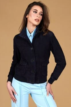 Blaue Wildlederjacke Bomberjacke Mit Knöpfen