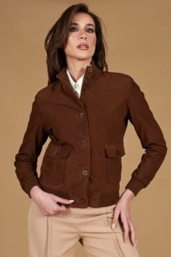 Braune Wildlederjacke Bomberjacke Mit Knöpfen