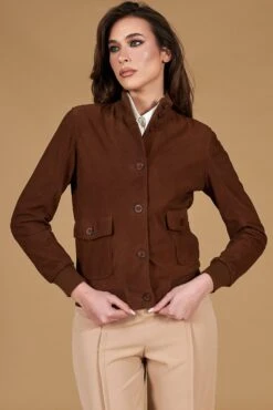 Braune Wildlederjacke Bomberjacke Mit Knöpfen -D’ARIENZO Verkäufe lederjacke fur frauen bomberjacke echtes leder braune Faty 6