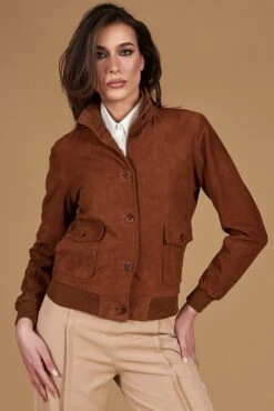Lederfarben Wildlederjacke Bomberjacke Mit Knöpfen -D’ARIENZO Verkäufe lederjacke fur frauen bomberjacke echtes leder cognac Faty 4