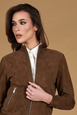 Taupefarben Wildlederjacke Bomberjacke Koreanischer Kragen -D’ARIENZO Verkäufe lederjacke fur frauen bomberjacke echtes leder taupe G154 2