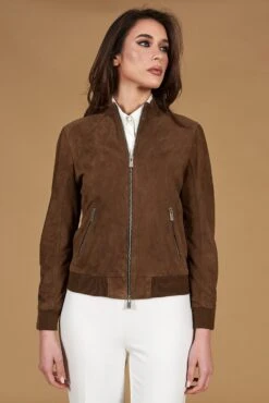 Taupefarben Wildlederjacke Bomberjacke Koreanischer Kragen -D’ARIENZO Verkäufe lederjacke fur frauen bomberjacke echtes leder taupe G154 3