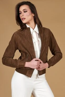 Taupefarben Wildlederjacke Bomberjacke Koreanischer Kragen -D’ARIENZO Verkäufe lederjacke fur frauen bomberjacke echtes leder taupe G154 4