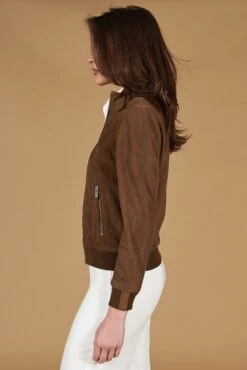 Taupefarben Wildlederjacke Bomberjacke Koreanischer Kragen -D’ARIENZO Verkäufe lederjacke fur frauen bomberjacke echtes leder taupe G154 5