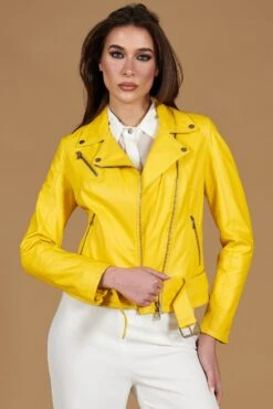 Gelbe Bikerlederjacke Nappaleder Mit Gürtel Glatte-effekt -D’ARIENZO Verkäufe lederjacke fur frauen echtes leder gelb Chiodo 4