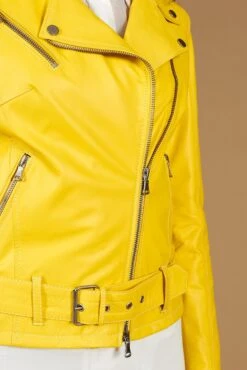 Gelbe Bikerlederjacke Nappaleder Mit Gürtel Glatte-effekt -D’ARIENZO Verkäufe lederjacke fur frauen echtes leder gelb Chiodo 9