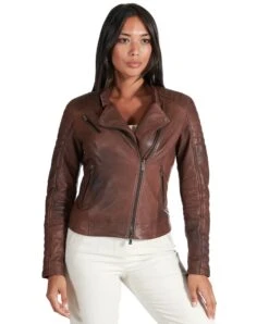 Braune Lederjacke Naturleder Gesteppte Bikerjacke -D’ARIENZO Verkäufe lederjacke fur frauen gesteppte bikerjacke echtes leder braune Karim trap 2