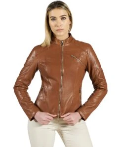 Cognac Gesteppte Naturlederjacke Taschen Mit Reißverschlus -D’ARIENZO Verkäufe lederjacke fur frauen gesteppte bikerlederjacke echtes leder cognac Geny 2