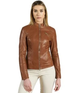 Cognac Gesteppte Naturlederjacke Taschen Mit Reißverschlus