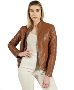 Cognac Gesteppte Naturlederjacke Taschen Mit Reißverschlus -D’ARIENZO Verkäufe lederjacke fur frauen gesteppte bikerlederjacke echtes leder cognac Geny 3