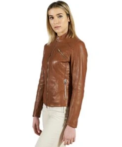 Cognac Gesteppte Naturlederjacke Taschen Mit Reißverschlus -D’ARIENZO Verkäufe lederjacke fur frauen gesteppte bikerlederjacke echtes leder cognac Geny 4