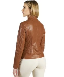 Cognac Gesteppte Naturlederjacke Taschen Mit Reißverschlus -D’ARIENZO Verkäufe lederjacke fur frauen gesteppte bikerlederjacke echtes leder cognac Geny 5