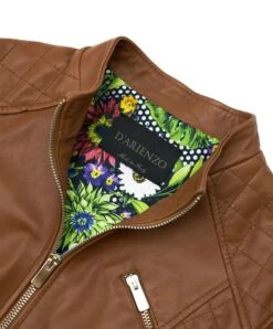 Cognac Gesteppte Naturlederjacke Taschen Mit Reißverschlus -D’ARIENZO Verkäufe lederjacke fur frauen gesteppte bikerlederjacke echtes leder cognac Geny 6