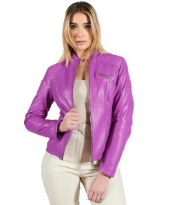 Lila Gesteppte Lederjacke Aus Naturleder -D’ARIENZO Verkäufe lederjacke fur frauen gesteppte bikerlederjacke echtes leder lila Geny 2