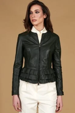 Grüne Lederjacke Mit Volants Naturleder Glatte-Effekt
