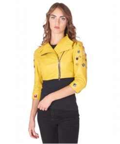 Gelbe Bolero-jacke In Nappaleder Dekoriert -D’ARIENZO Verkäufe lederjacke fur frauen kurze jacke echtes leder gelbe Fiamma 4