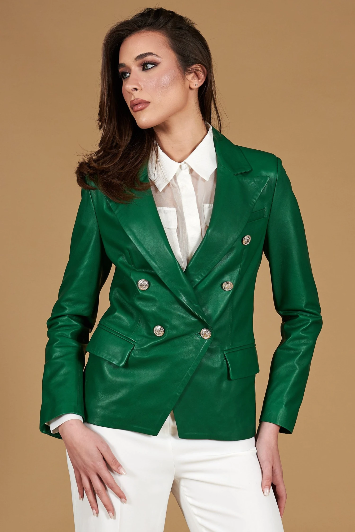Grüne Lederblazer Doppelreihiger Verschluss Naturleder