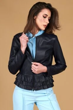 Blaue Lederjacke Mit Volants Leder Glatte-effekt