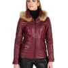 Burgunder Nappaleder Parka Kapuzen-pelz Vintage-effekt