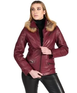 Burgunder Nappaleder Parka Kapuzen-pelz Vintage-effekt -D’ARIENZO Verkäufe lederjacke fur frauen waschb rpelz echtes leder burgunder 627 3