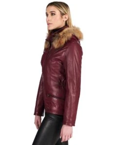Burgunder Nappaleder Parka Kapuzen-pelz Vintage-effekt -D’ARIENZO Verkäufe lederjacke fur frauen waschb rpelz echtes leder burgunder 627 4