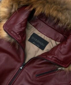 Burgunder Nappaleder Parka Kapuzen-pelz Vintage-effekt -D’ARIENZO Verkäufe lederjacke fur frauen waschb rpelz echtes leder burgunder 627 7