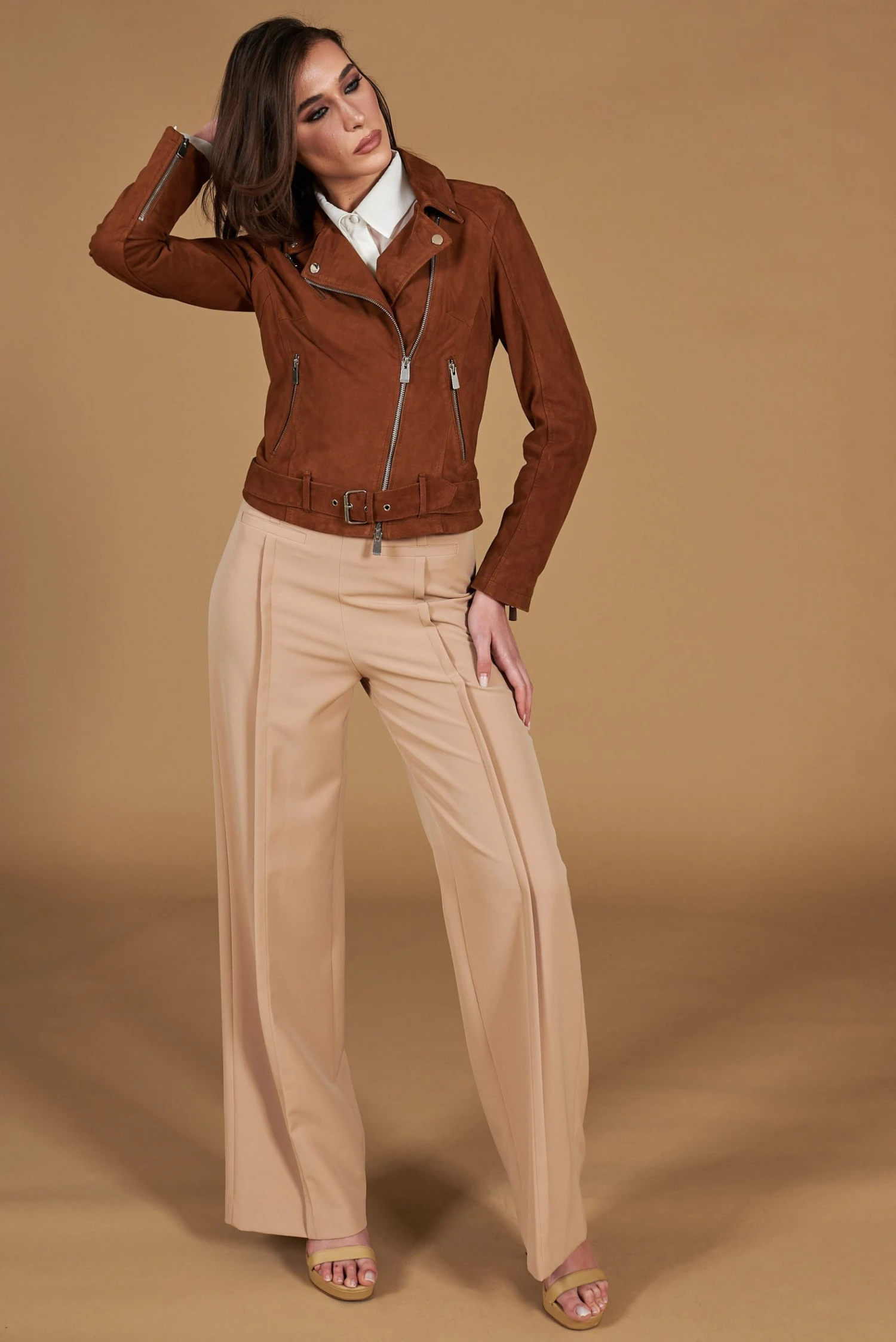 Lederfarben Bikerlederjacke Wildleder Mit Gürtel Glatte-effekt 2 Lederfarben Bikerlederjacke Wildleder Mit Gürtel Glatte-effekt – Bild 2