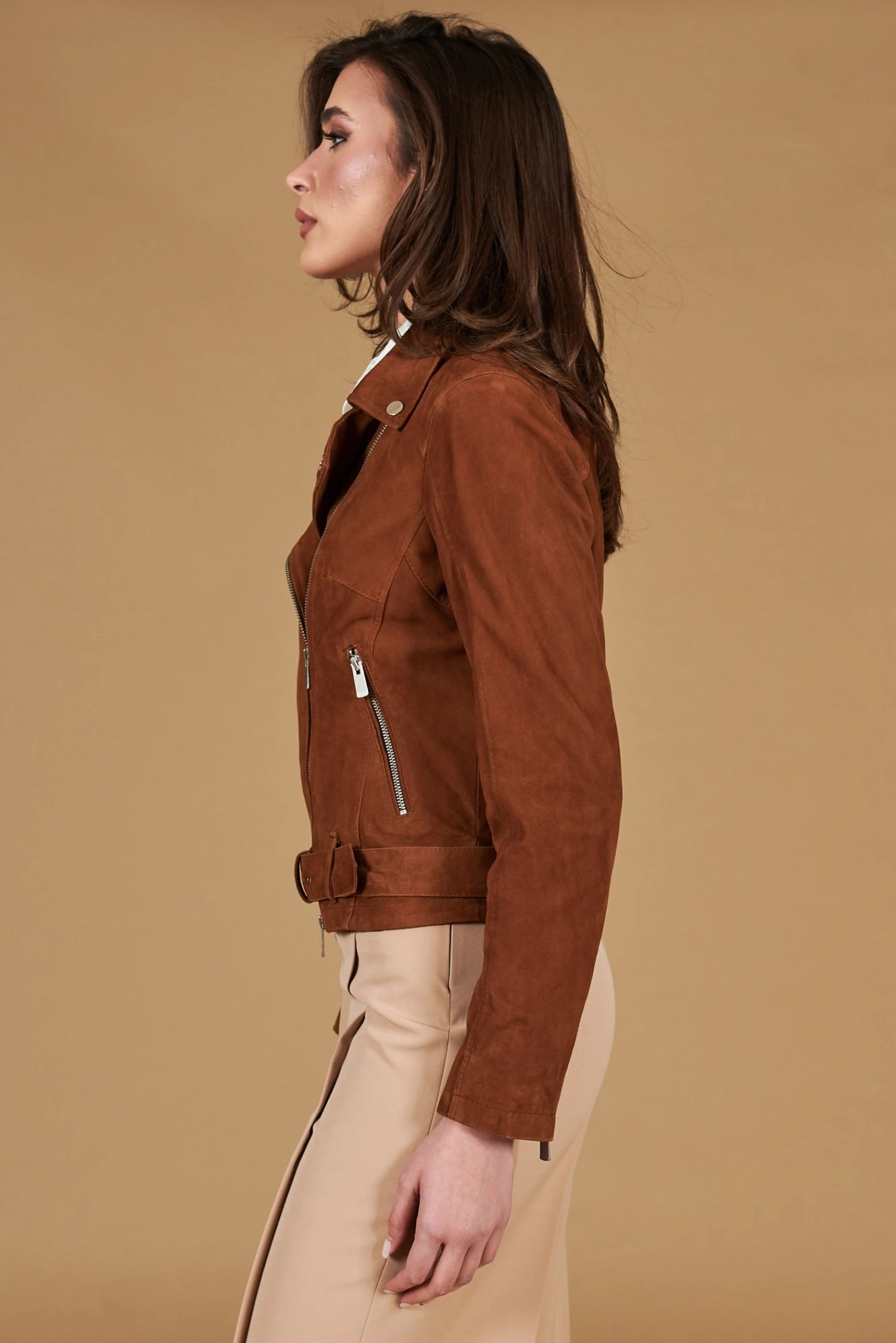 Lederfarben Bikerlederjacke Wildleder Mit Gürtel Glatte-effekt 6 Lederfarben Bikerlederjacke Wildleder Mit Gürtel Glatte-effekt – Bild 6