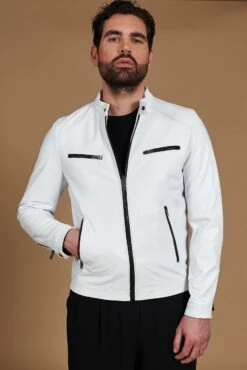 Weiße Lederjacke Nappaleder Bikerlederjacke Glatte-effekt