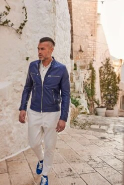 Elektrisches Blau Lederjacke Naturleder Glattes Effektleder -D’ARIENZO Verkäufe lederjacke fur herren biker motorrad echtes leder blau Hamilton 15