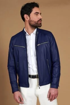 Elektrisches Blau Lederjacke Naturleder Glattes Effektleder -D’ARIENZO Verkäufe lederjacke fur herren biker motorrad echtes leder blau Hamilton 19