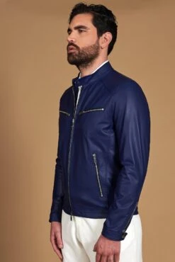 Elektrisches Blau Lederjacke Naturleder Glattes Effektleder -D’ARIENZO Verkäufe lederjacke fur herren biker motorrad echtes leder blau Hamilton 20