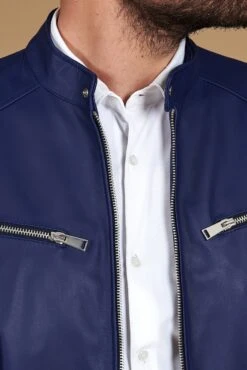 Elektrisches Blau Lederjacke Naturleder Glattes Effektleder -D’ARIENZO Verkäufe lederjacke fur herren biker motorrad echtes leder blau Hamilton 22