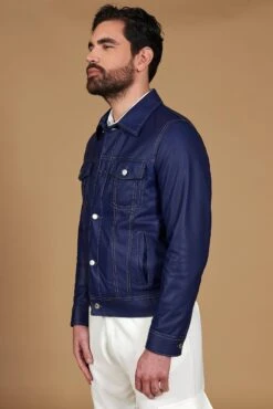 Blue Bikerlederjacke Knöpfen Und Hemdkragen -D’ARIENZO Verkäufe lederjacke fur herren bikerjacke echte leder blau Akyo 4