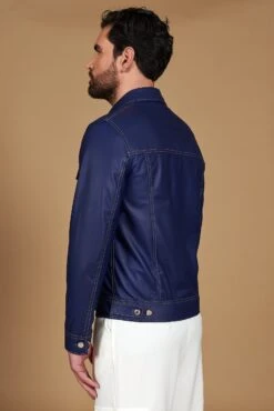 Blue Bikerlederjacke Knöpfen Und Hemdkragen -D’ARIENZO Verkäufe lederjacke fur herren bikerjacke echte leder blau Akyo 9